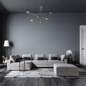 Modern interior, comfortable sofa, plants and elegant accessories.